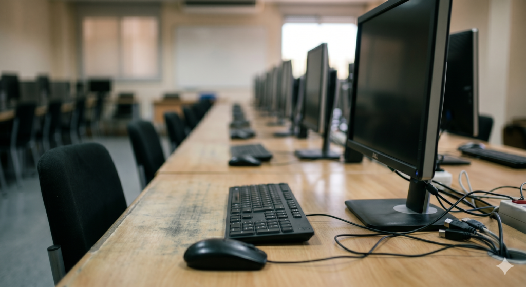 Aula de informática de una academia de formación online vacía y repleta de  ordenadores de sobremesa